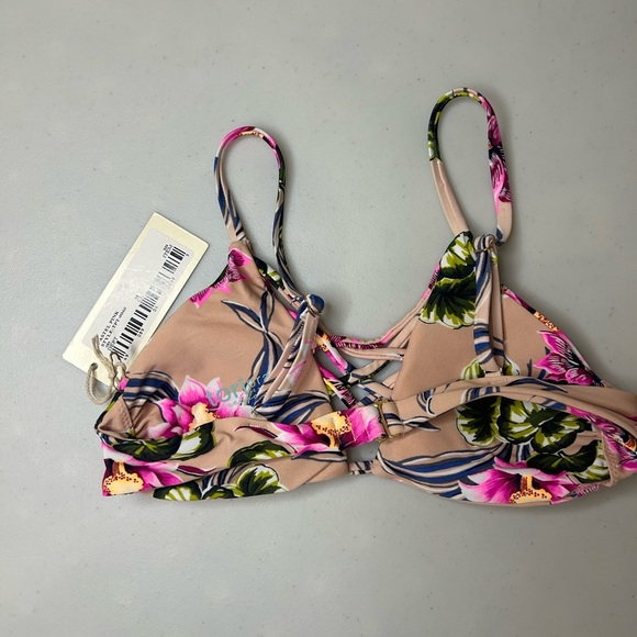 Tori Praver Seafoam Pastel Pink Tropical Floral Strappy Bikini Top Size XS NWT - Picture 4 of 5